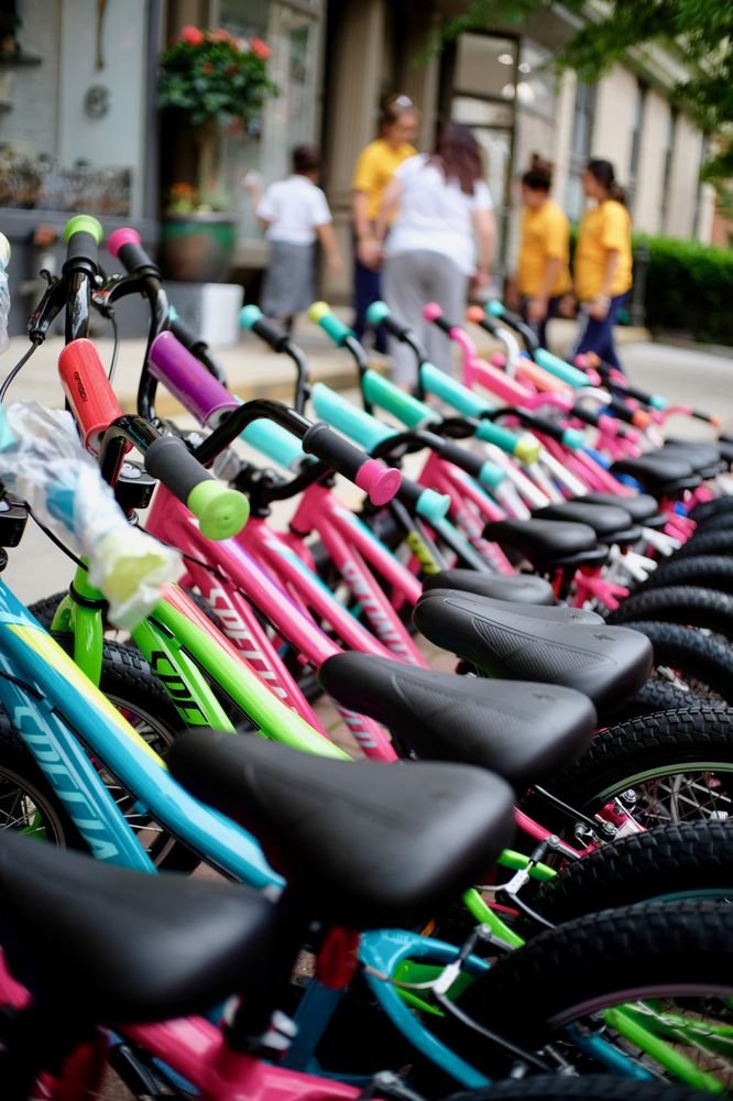 Kids' bikes for sale lined up outside Flo On Wheels Cycles bike shop in New Jersey