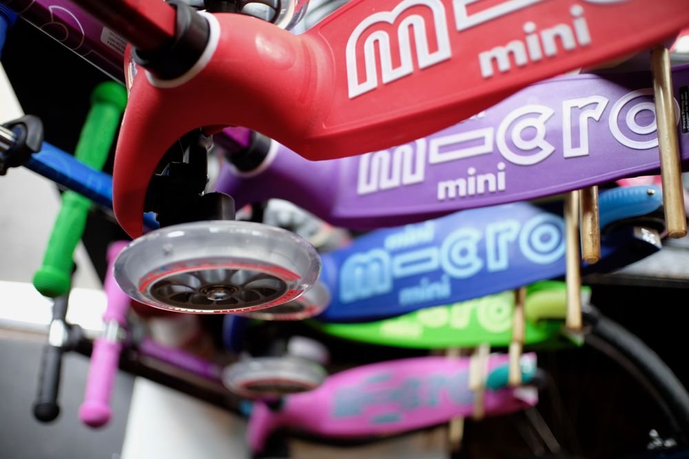 Micro Mini kids' scooters in red, purple, blue, green and pink for sale at Flo On Wheels Cycles